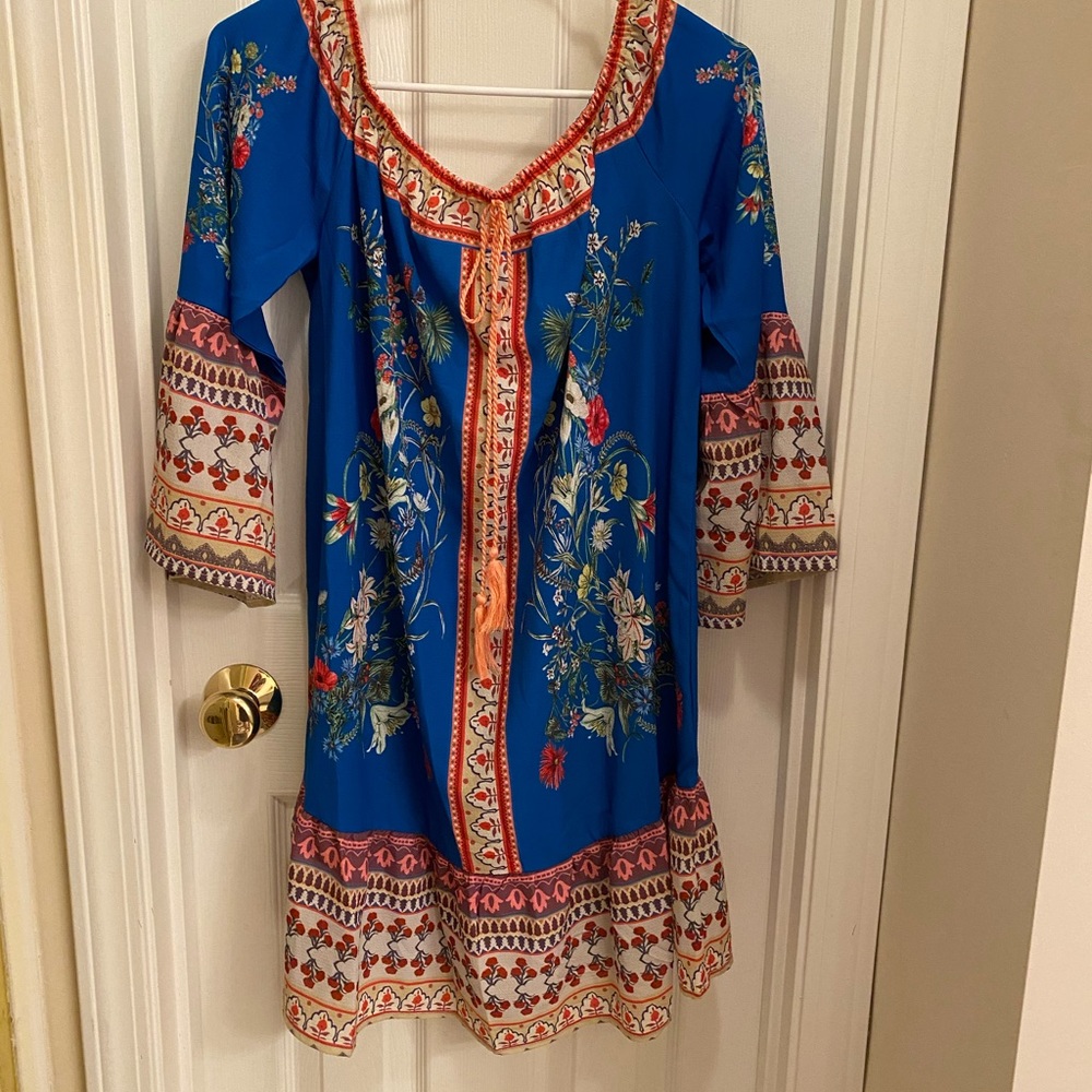 NWT Umgee Blue Off Shoulder Babydoll Floral Mini Dress Tassels bell sleeves Boho - Picture 3 of 13